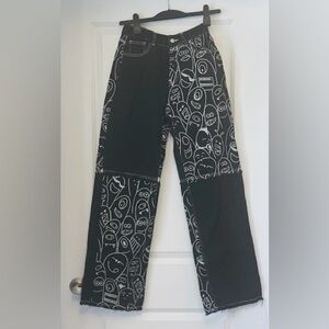 UNIQUE Jean Pant Black White Abstract Fun Graphic Hi-Rise Raw Hems Sz S